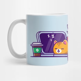 Cute Cat Sleeping On Laptop With Coffee Cartoon Mug